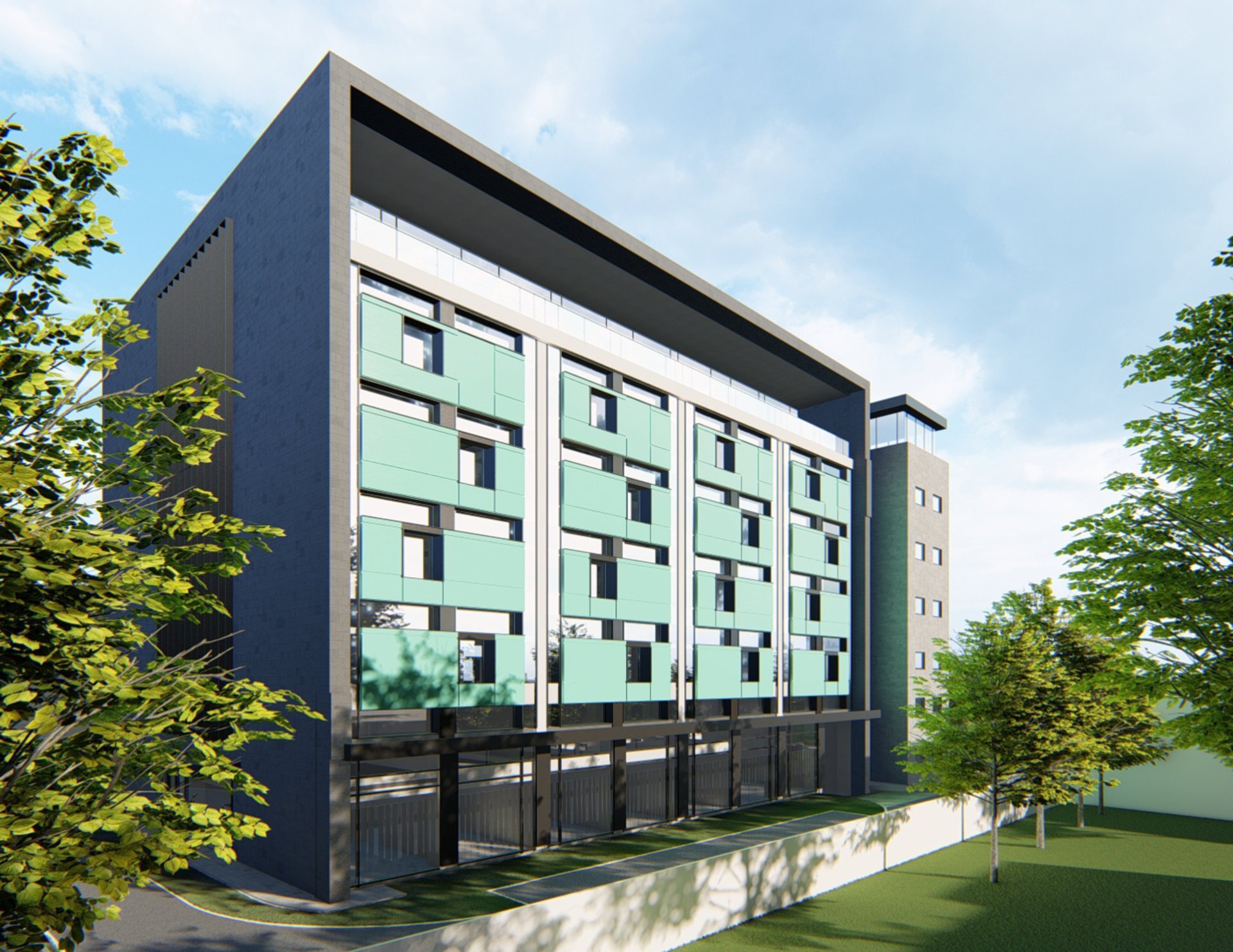 Vedere laterală a spitalului privat Galați (conversie Cipsor Construct) cu fațada corpului secundar în tonuri închise și casete verde-mentă, vegetație în prim-plan, randare 3D proiect PPAE