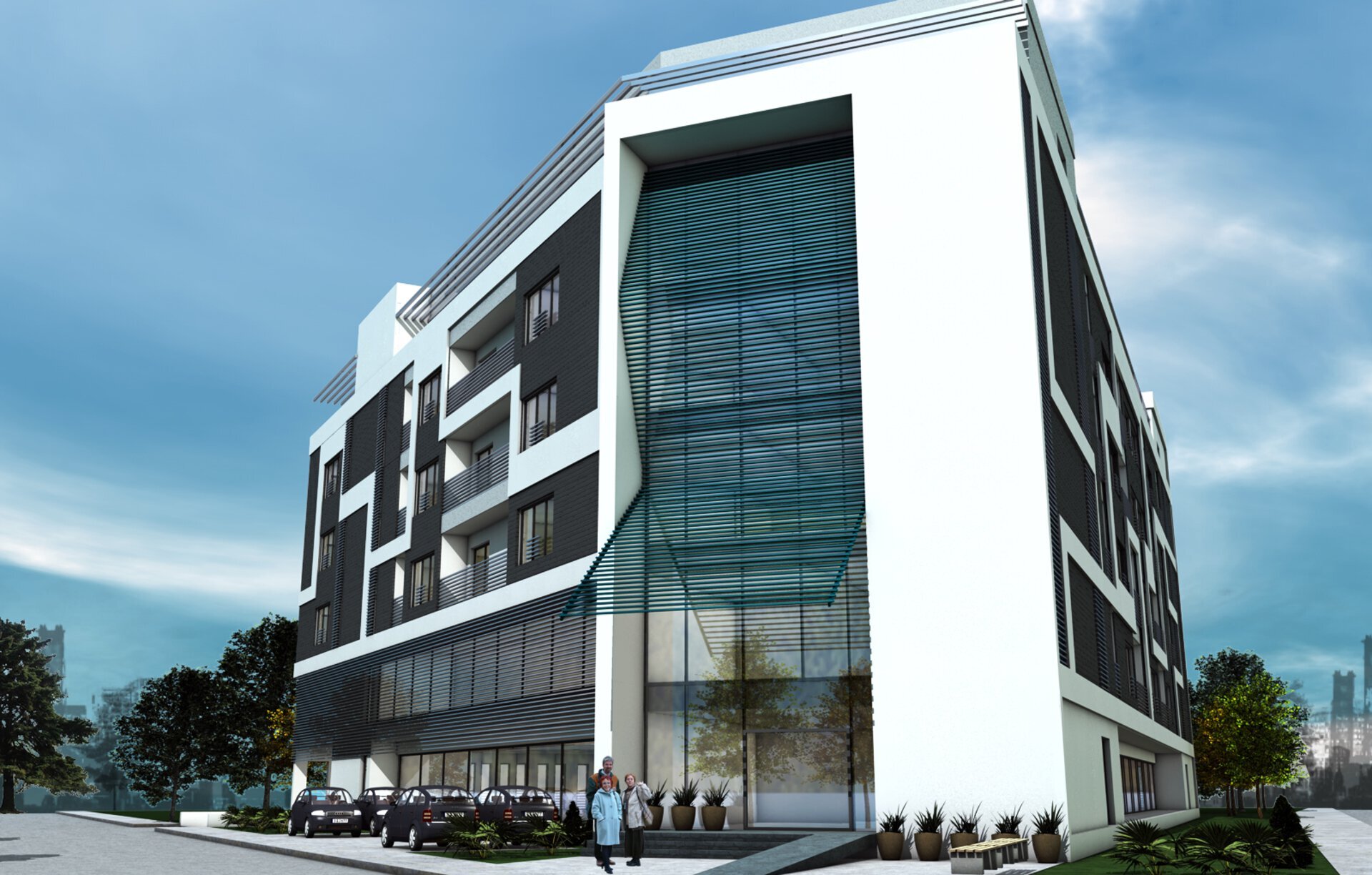 Acces principal complex seniori Continuum of Care Șișești cu lobby vitrat înălțat pe două niveluri și parcare pentru vizitatori în plan apropiat, randare 3D proiect PPAE