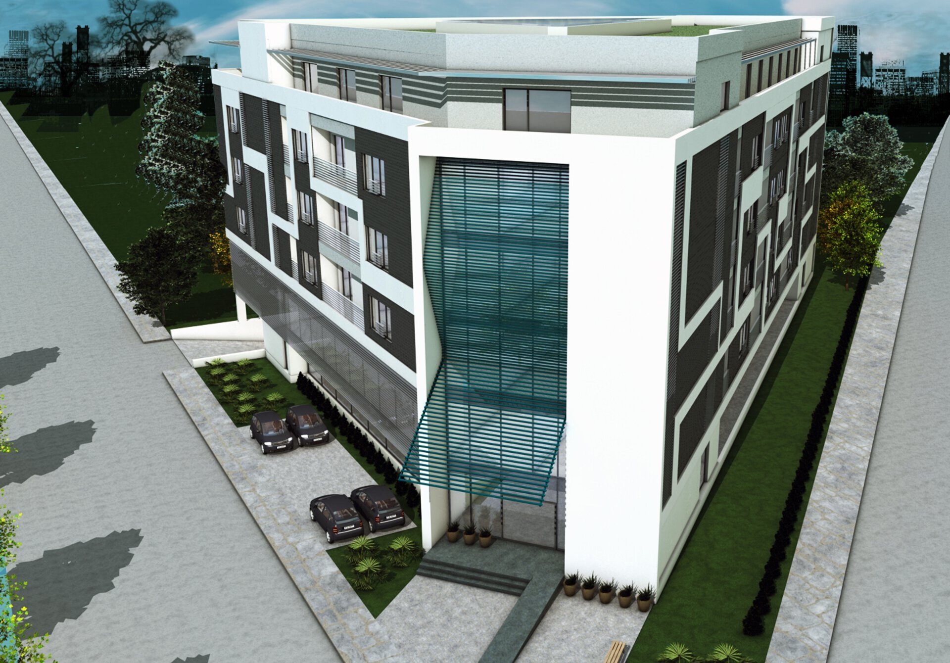 Vedere aeriană complex seniori Continuum of Care șos. Gh. Ionescu Șișești cu corpul principal P+5, element vertical vitrat de identitate pe colț și terasă verde pe etajul superior, randare 3D proiect PPAE