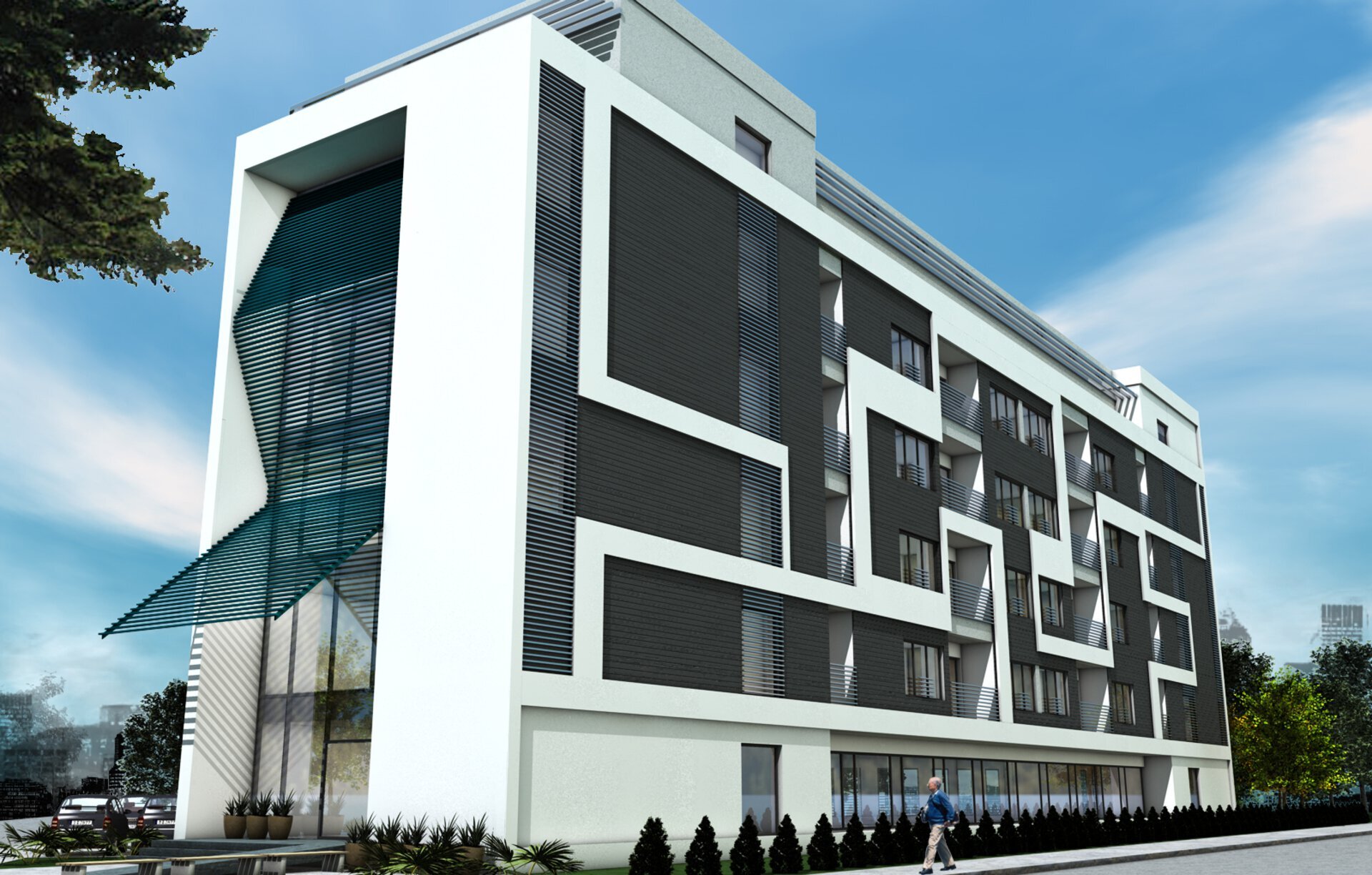 Fațadă laterală complex seniori Șișești cu ritm vertical alternant alb-antracit și pasarelă suspendată cu lamele orizontale ca semn de identitate al ansamblului, randare 3D proiect PPAE