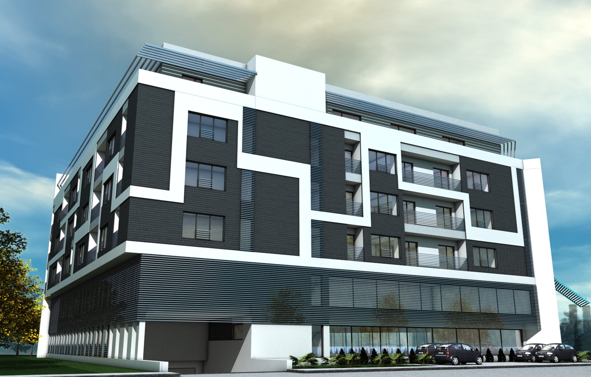 Vedere de ansamblu a corpului principal P+5 al complexului seniori Șișești, cu fațadă alb-antracit ritmată de chenare albe și parcare la parter, randare 3D proiect PPAE