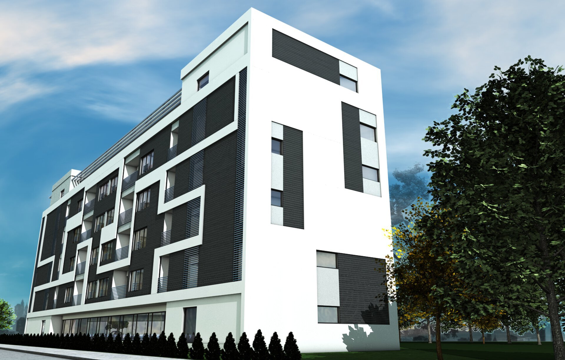 Vedere de colț a complexului seniori Șișești cu fațadă albă și panouri antracit dispuse neregulat, arbore matur în prim-plan, randare 3D proiect PPAE