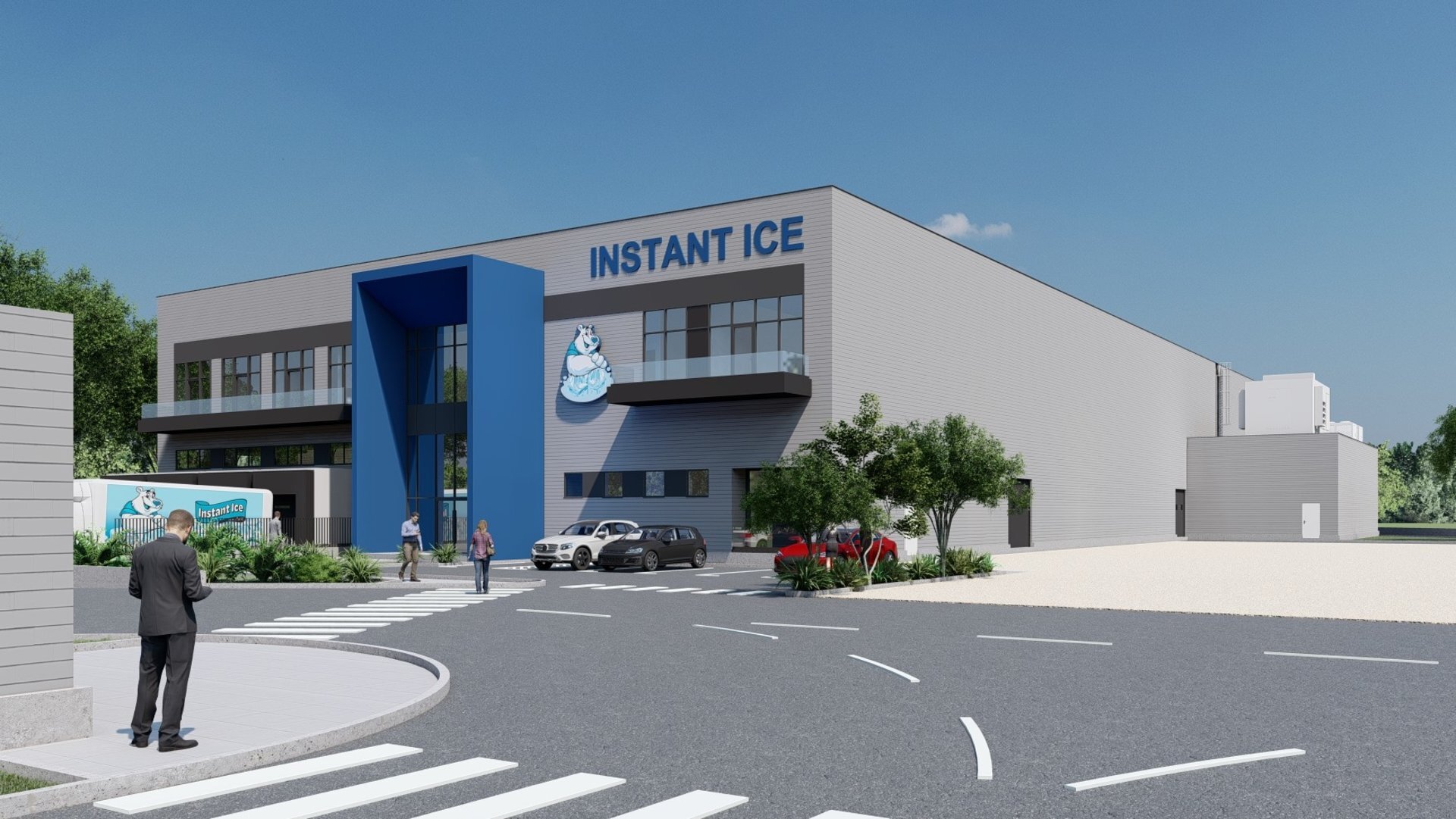 Randare fațadă principală fabrică de gheață Instant Ice cu acces administrativ și brand vizibil, proiect PPAE
