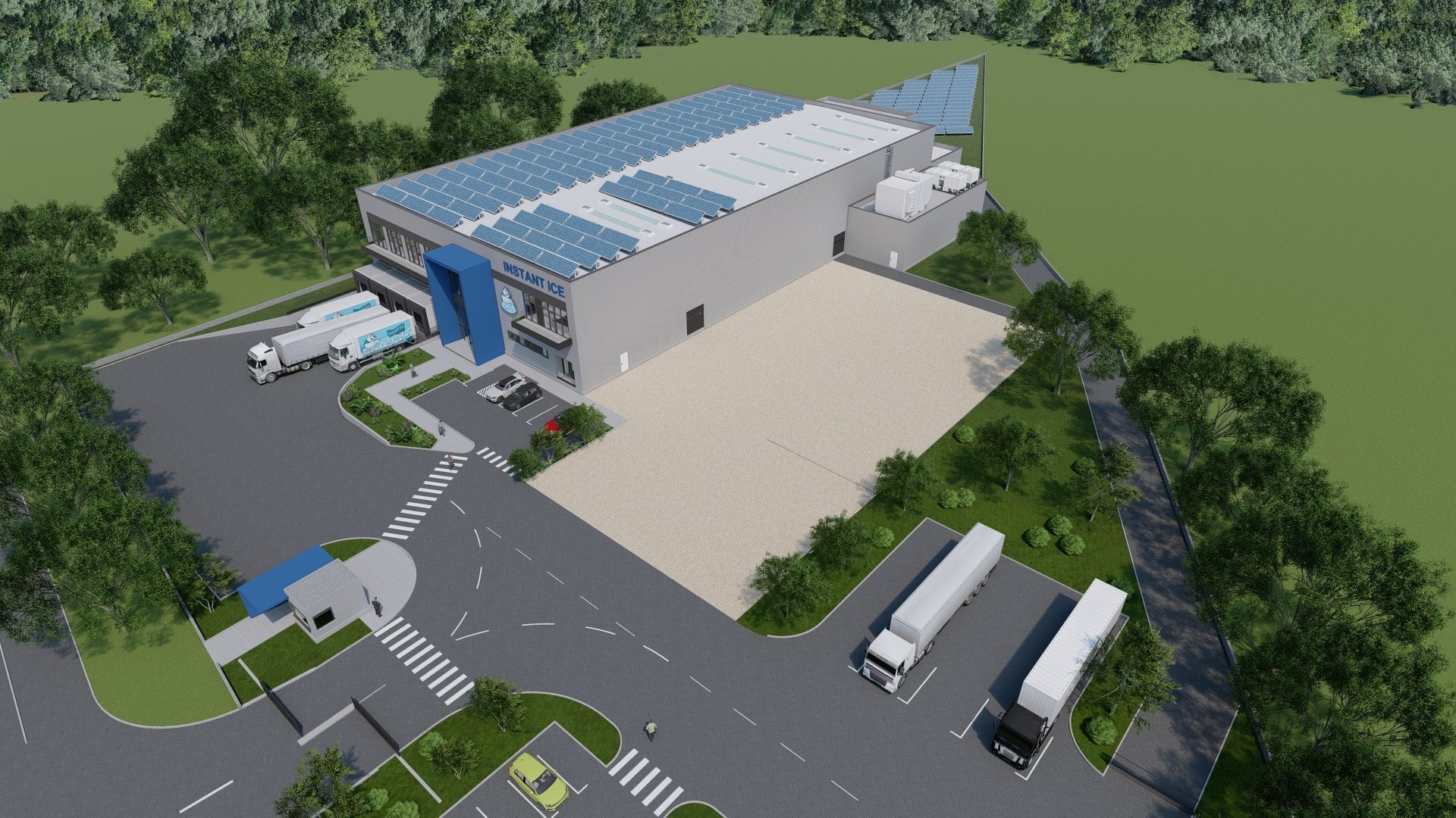 Randare aeriană fabrică de gheață Instant Ice Ovidiu cu instalație fotovoltaică pe acoperiș și parc terestru, proiect PPAE