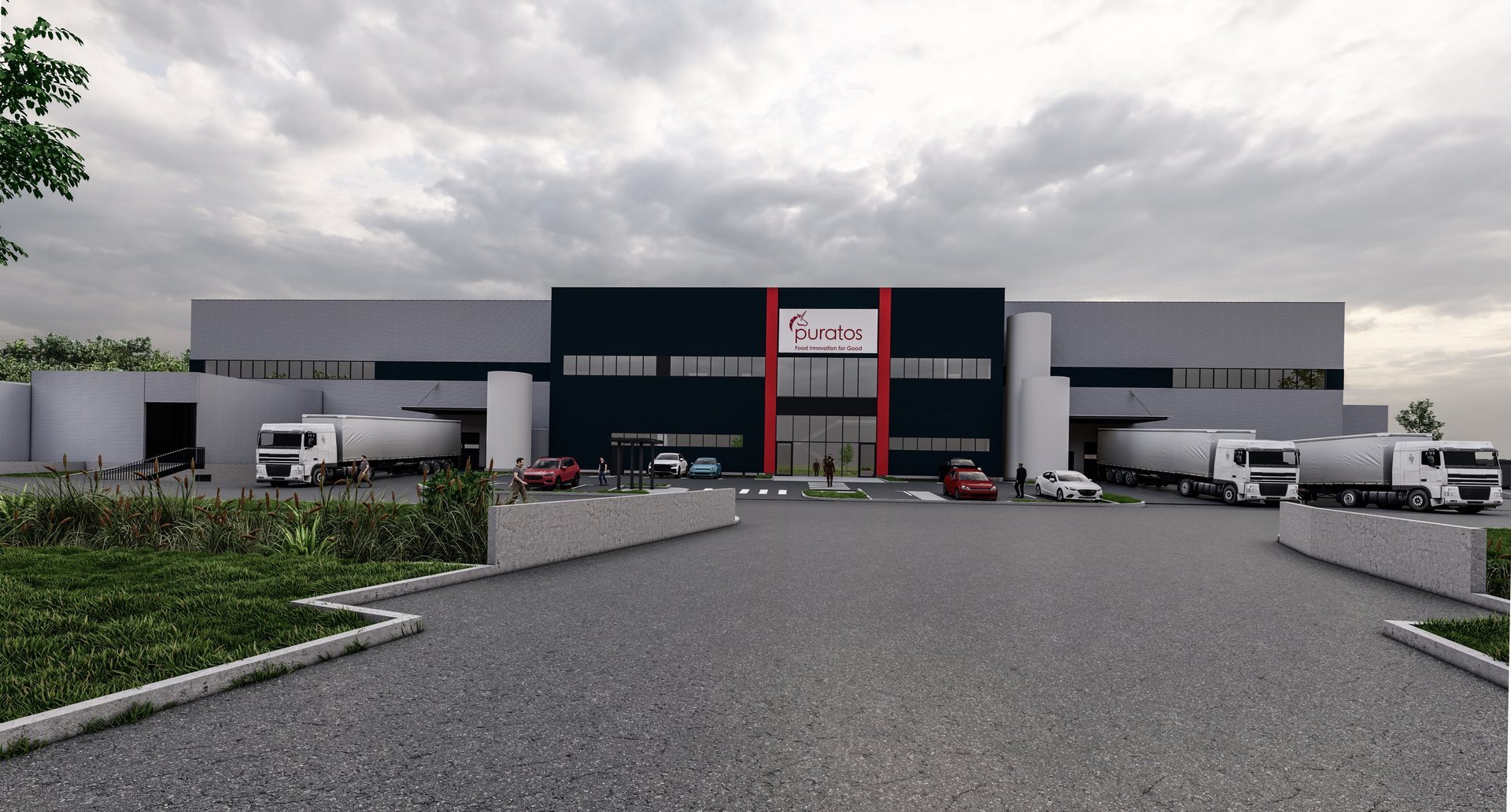 Rendering of the Puratos Tunari factory main facade with administrative access and lateral docking areas for the transport fleet, PPAE project