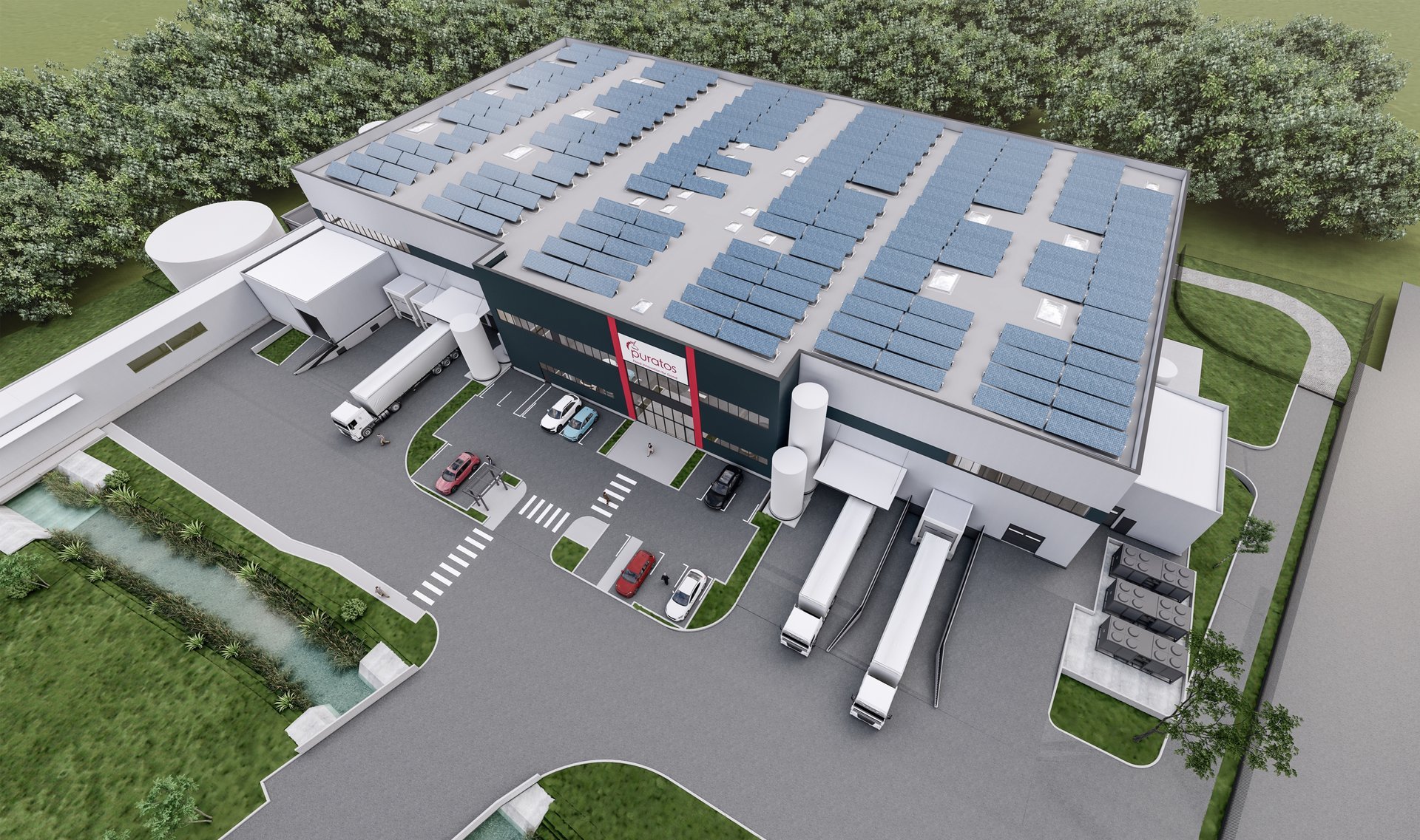 Aerial rendering of the Puratos Tunari factory with full rooftop photovoltaic installation and docking area for the transport fleet, PPAE project