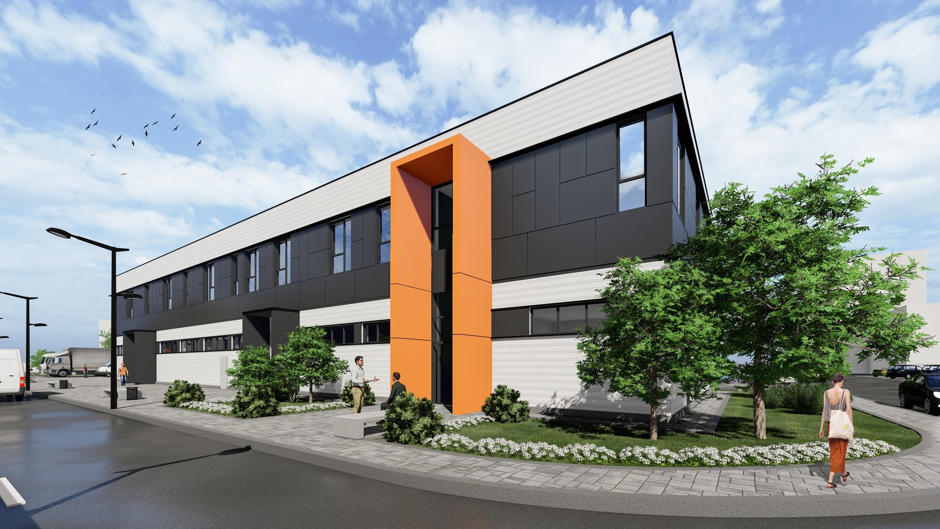 Corner view of the TMK Artrom Slatina quality building with a vertical orange accent on the main stairwell, 3D rendering PPAE project