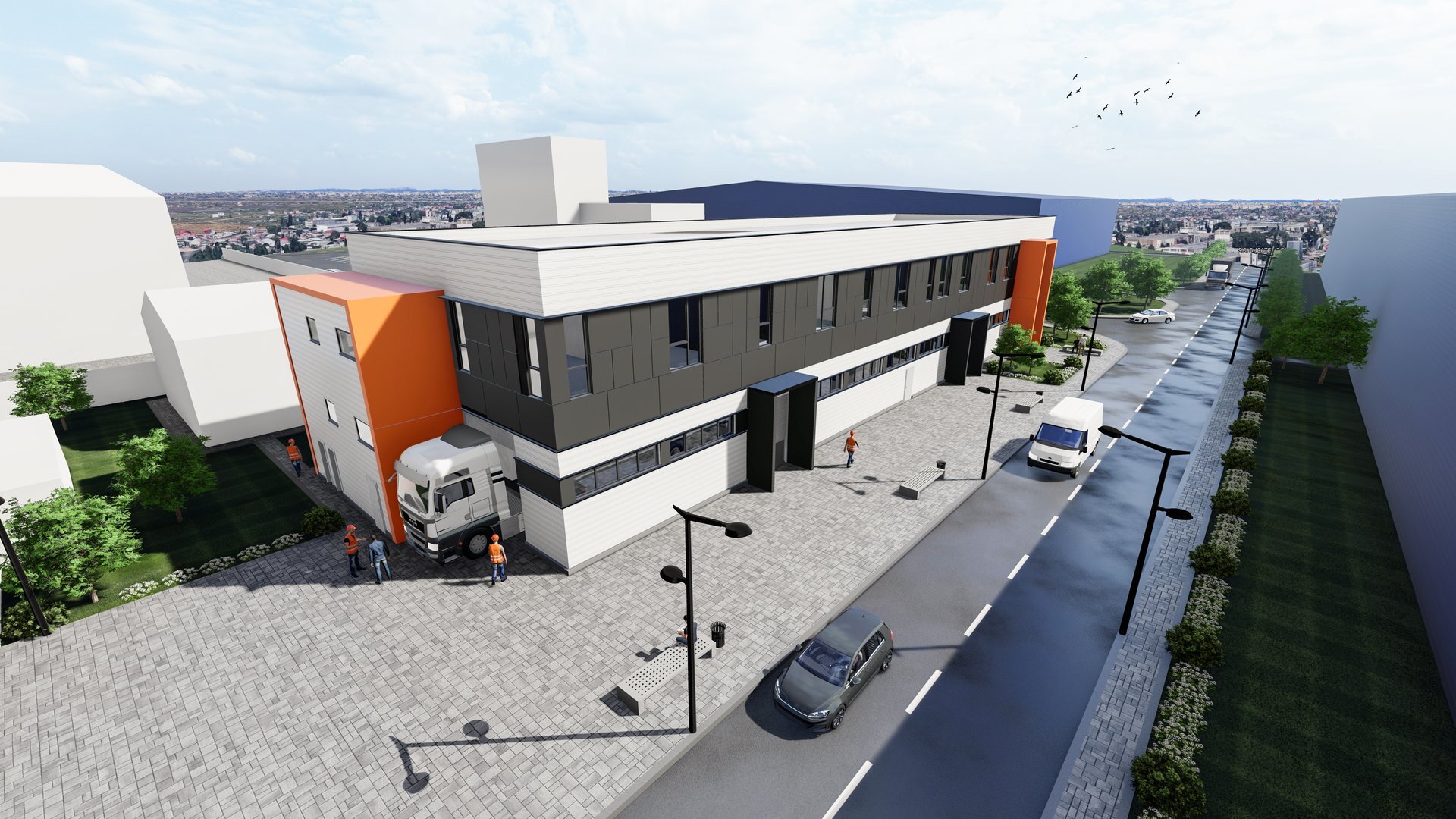 Overall view of the TMK Artrom Slatina laboratory building with a supply area and vehicle access, 3D rendering PPAE project