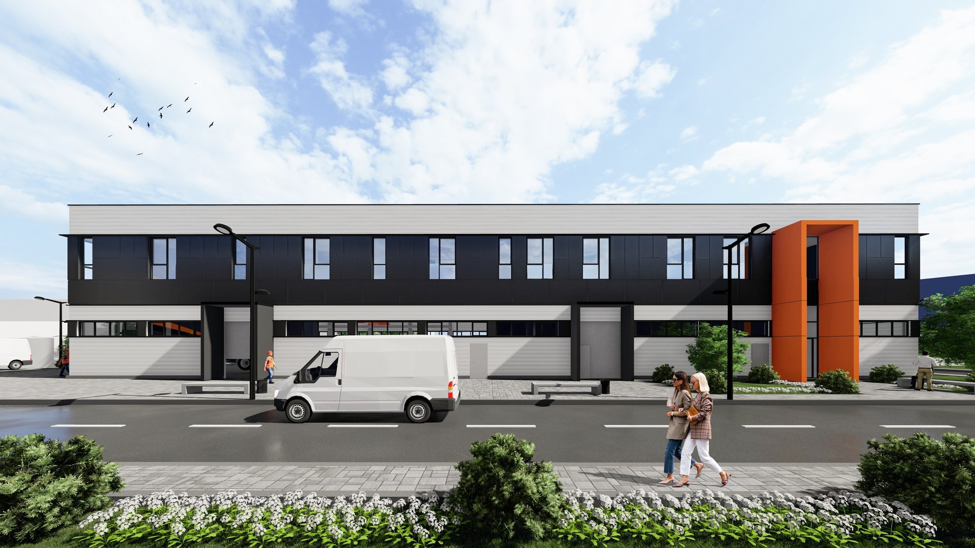 Long facade of the TMK Artrom Slatina quality building with grey and black sandwich panels and an orange accent on the stairwell, 3D rendering PPAE project