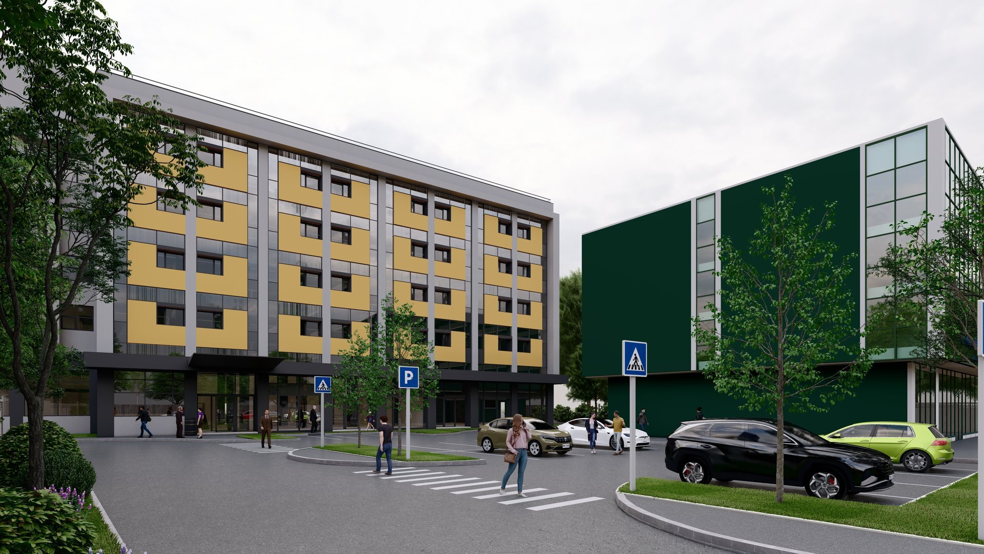 Vedere generală clădire de birouri Cipsor Galați după conversie din depozit, regim S+P+M+4E+5Er, fațadă ventilată și perete cortină, randare proiect PPAE