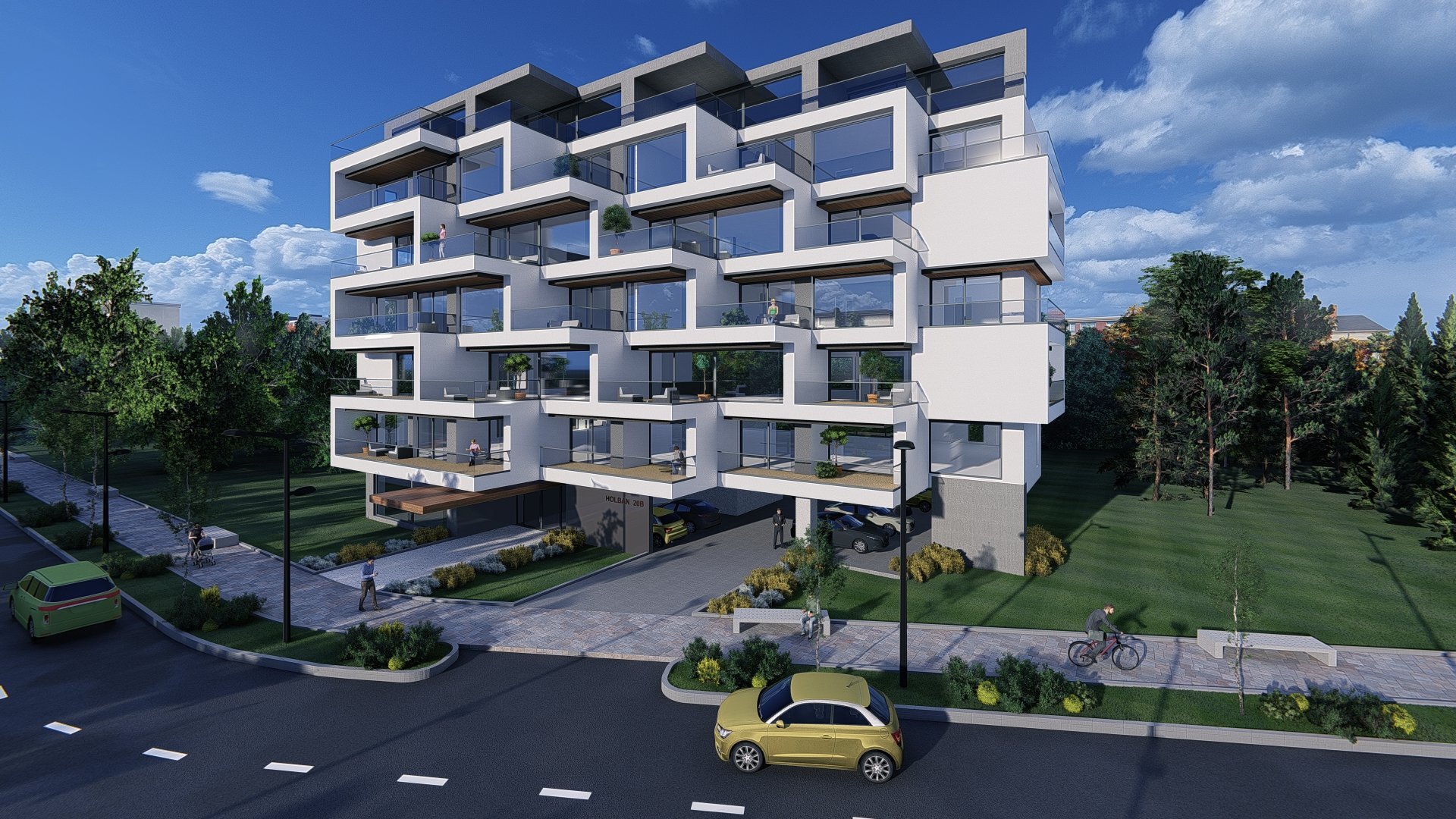 Conceptul clădirii de apartamente Razvan Brasla de pe str. Holban, fațadă din volume prismatice albe decalate, proiect PPAE