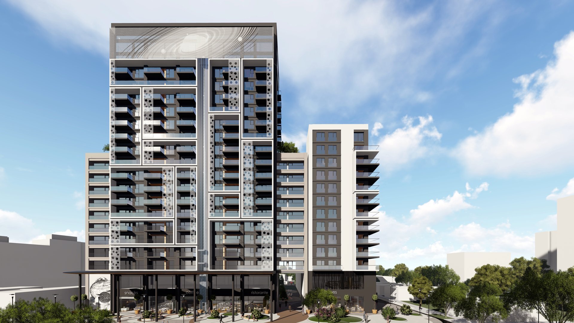 The 2B+G+19F tower of the complex in Cetății Square, Oradea, the variant with stacked balcony volumes, a PPAE project