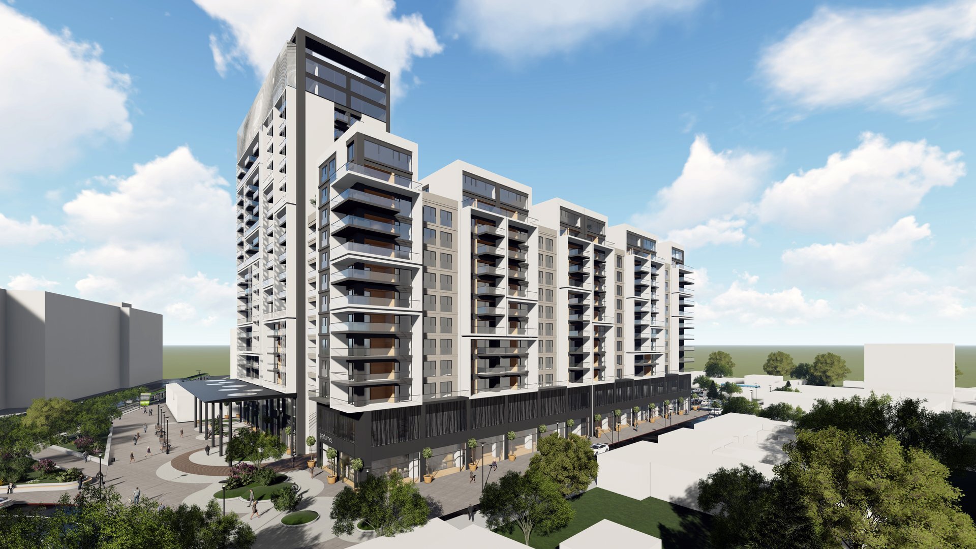 View of the facade — the high-rise residential and commercial complex in Oradea, by the Fortress, a PPAE project
