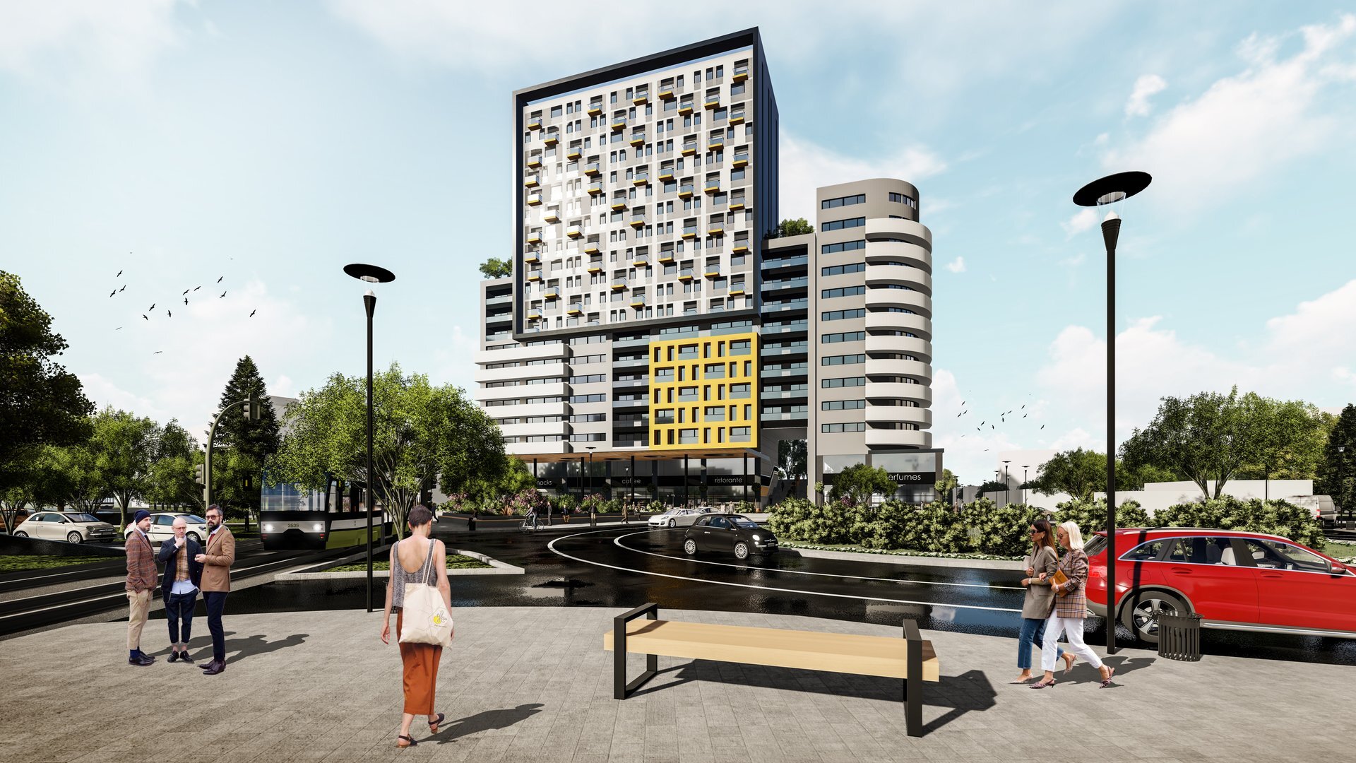 Perspective towards the building — the high-rise residential and commercial complex in Oradea, by the Fortress, a PPAE project