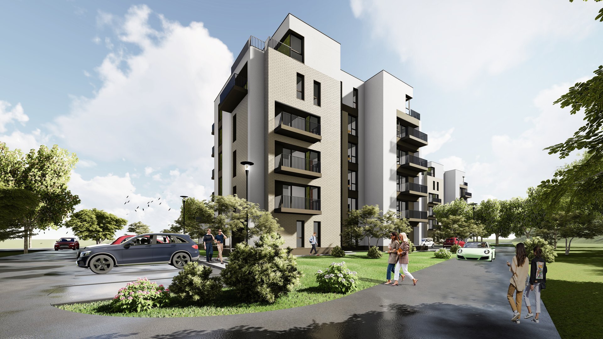 Ansamblul de locuințe colective LMG Ulmi Residence, patru clădiri joase într-un cadru verde lângă Târgoviște, proiect PPAE