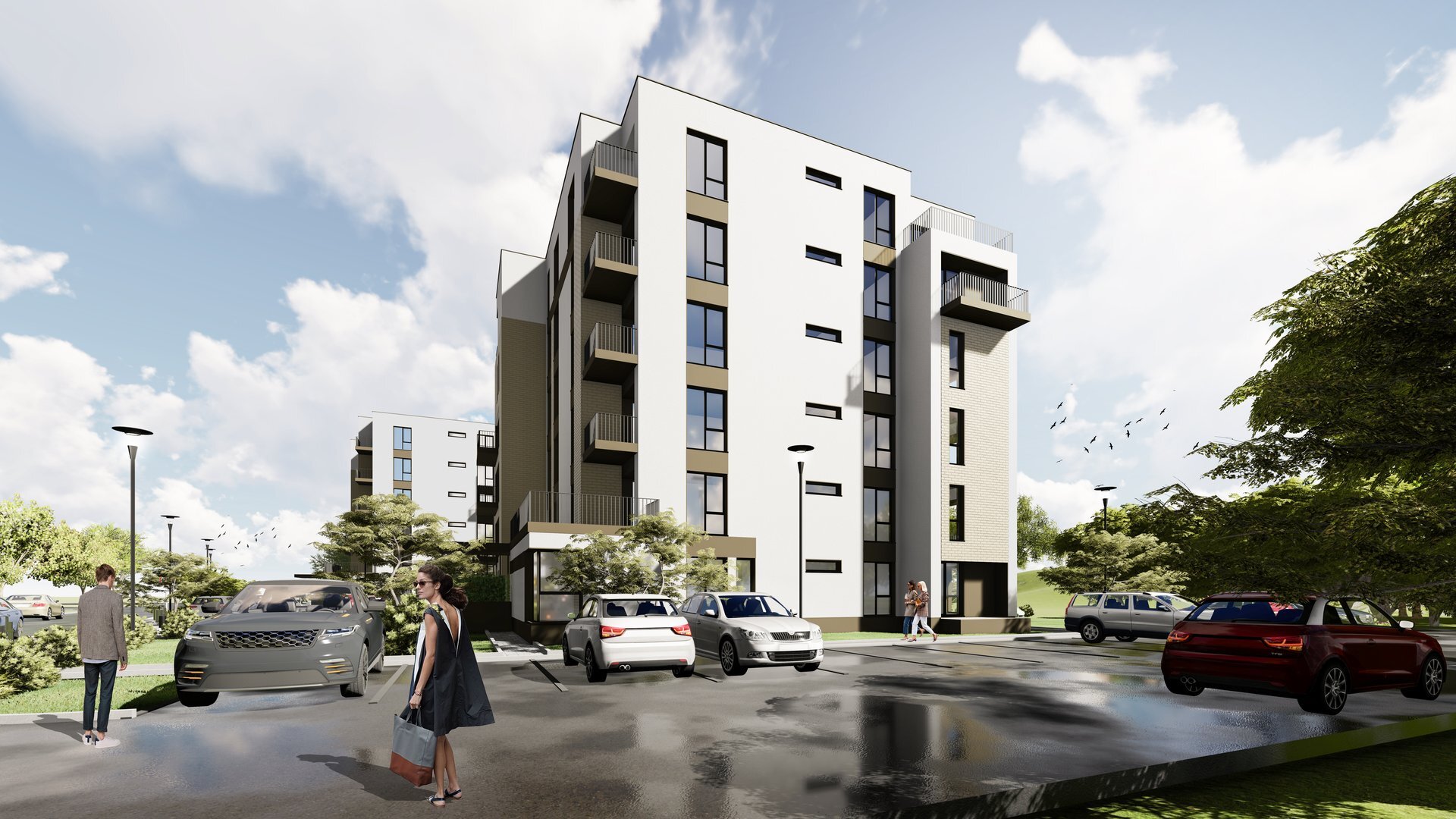 Vedere de ansamblu a celor patru clădiri de apartamente LMG Ulmi Residence, jud. Dâmbovița, proiect PPAE