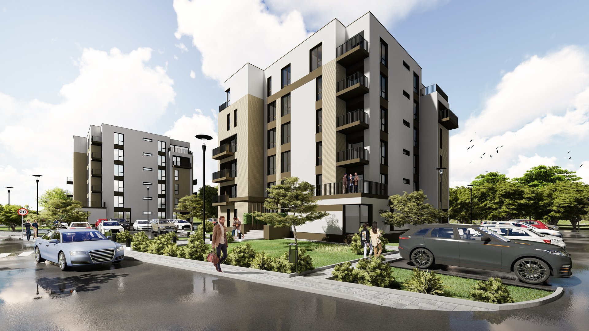Vedere a fațadei — ansamblul rezidențial LMG Ulmi Residence, lângă Târgoviște, proiect PPAE