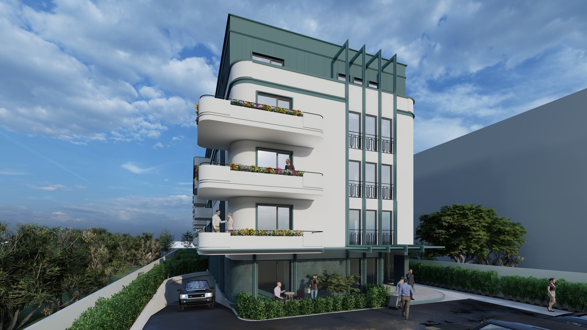 Fațadă de inspirație Art Deco cu finisaj alb și gri închis, My Place Residence, Pipera, proiect PPAE