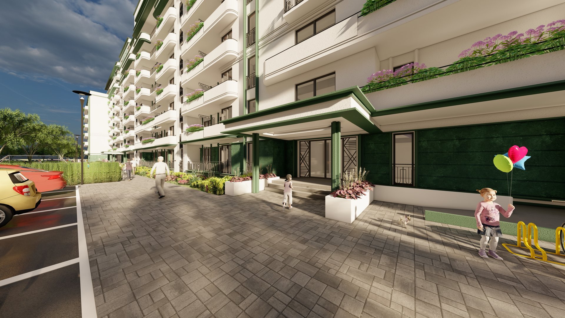 The Art Deco-inspired facade transposed on a large scale at My Place Residence North, Pipera, a PPAE project