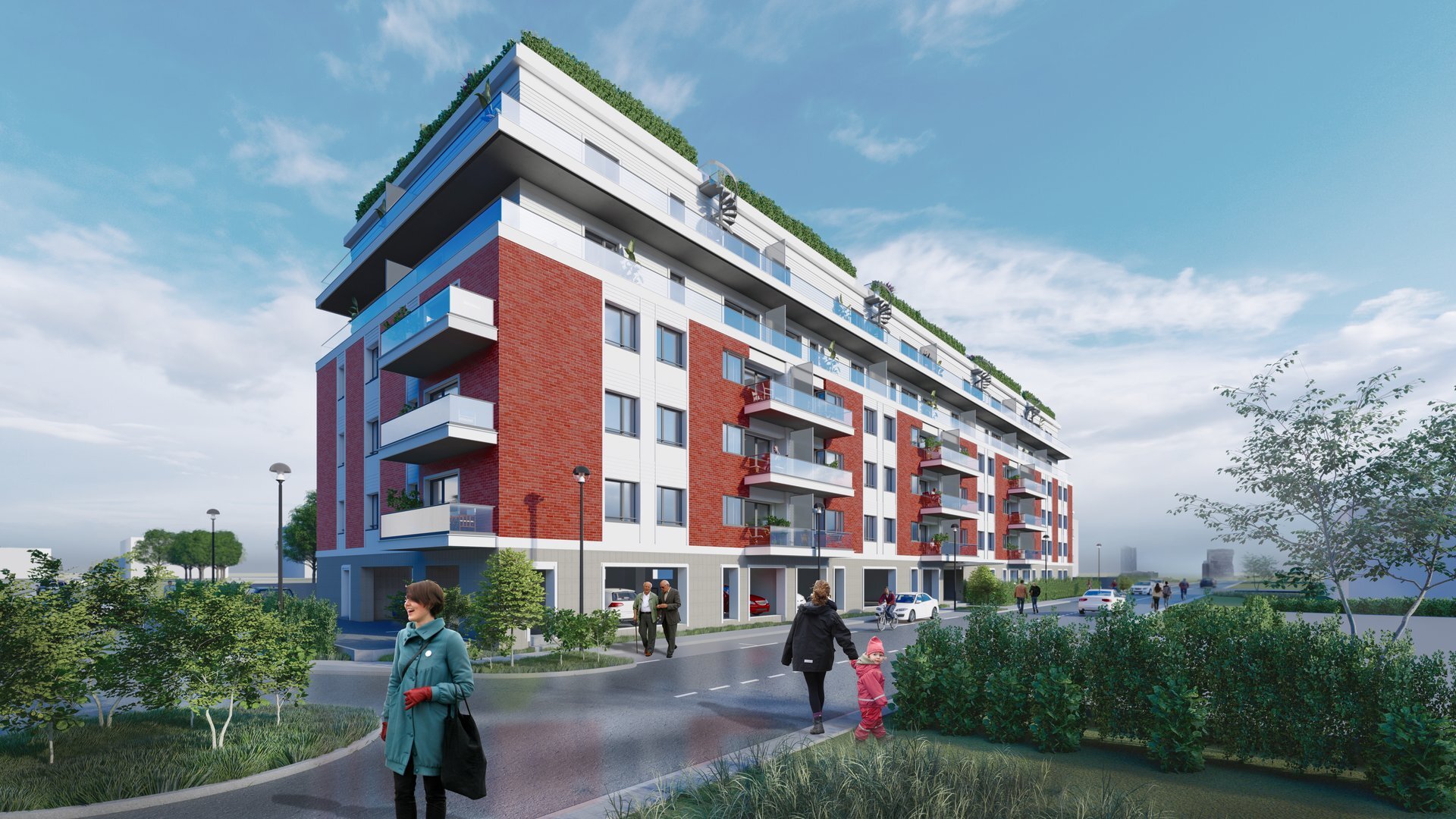 Clădirea de apartamente Golden Jaraso de pe b-dul Pipera, Voluntari, fațadă de cărămidă roșie și tencuială albă, supraetajată la S+P+5E, proiect PPAE