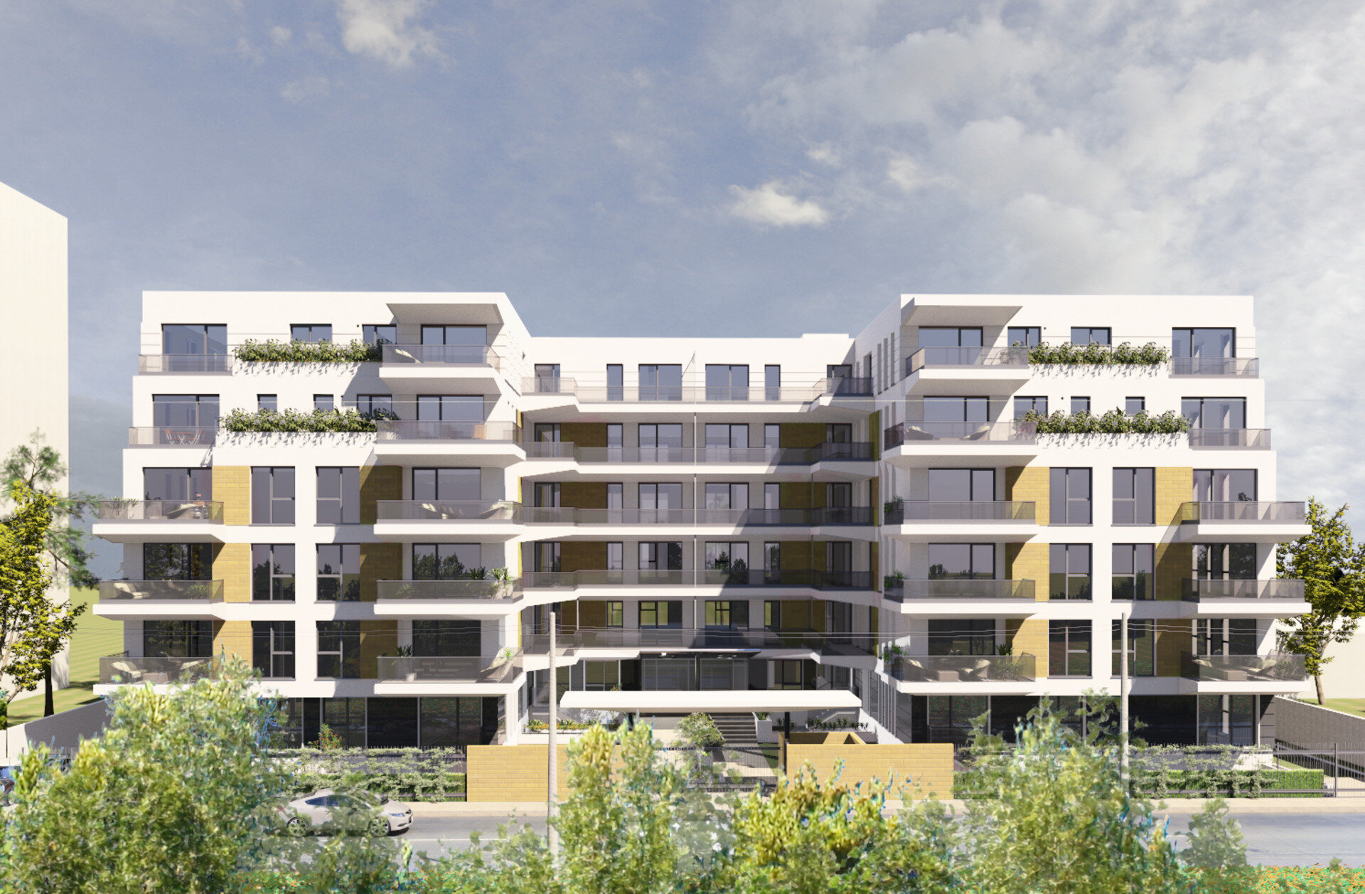 Fațadă albă cu console mari la balcoane și accente galben-ocru, Smart House Residence Pipera, proiect PPAE
